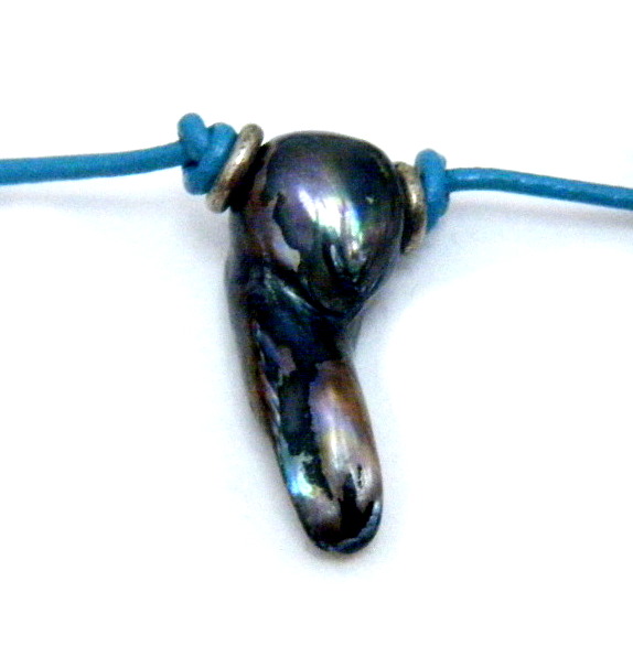 Paua-ish Pearl on Leather Necklace